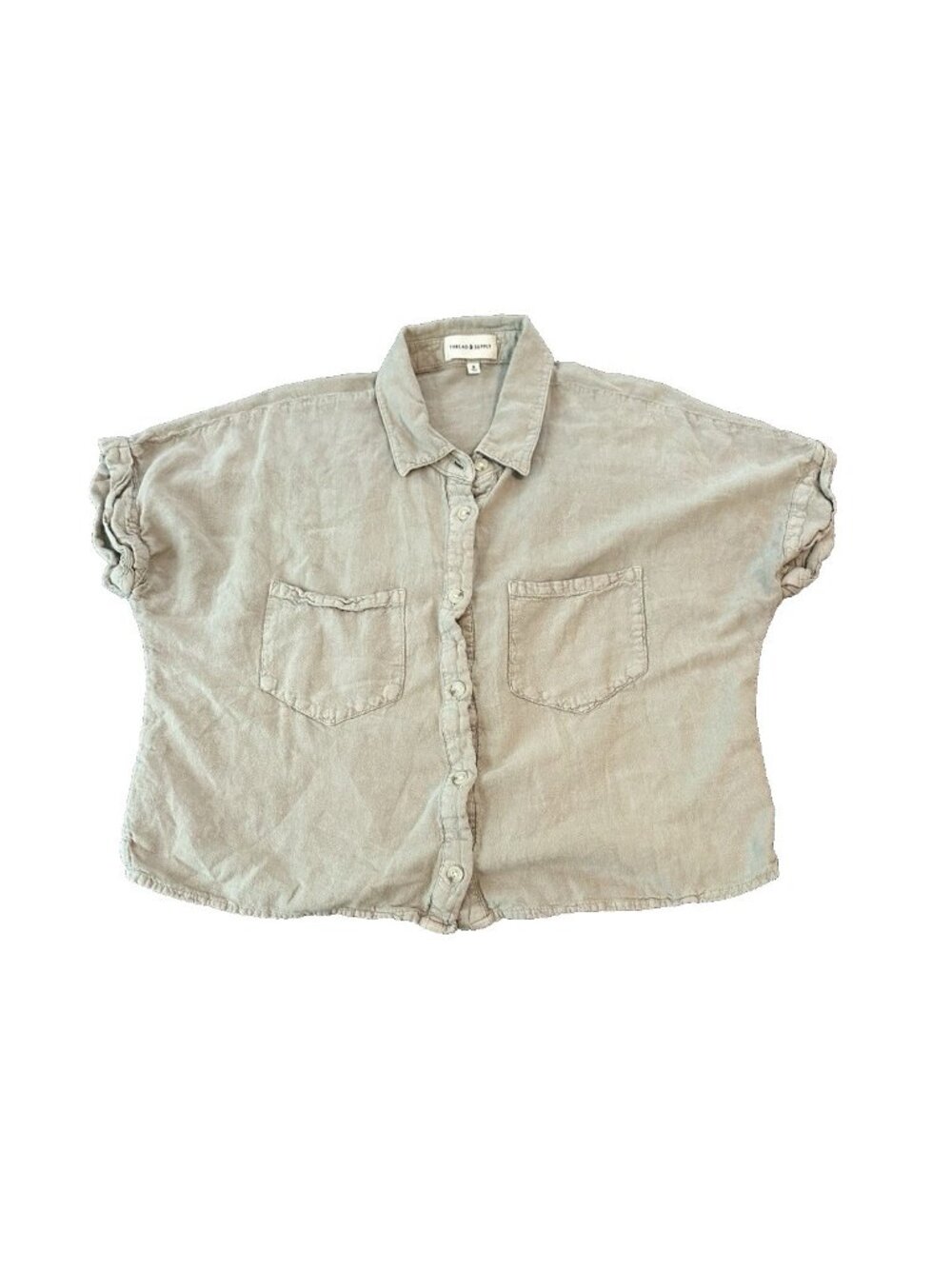 Thread‎ & Supply Linen Blend Button Crop Top Womens S Green Coastal Chic Boxy